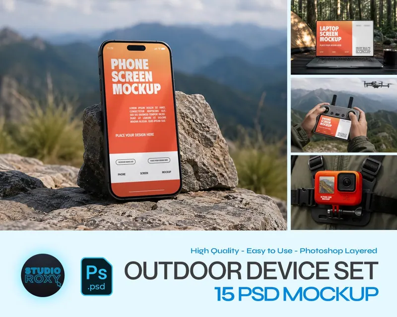 Outdoor Device Set Mockup Bundle - 15 PSD Templates  Outdoor & Adventure Tech Device Branding