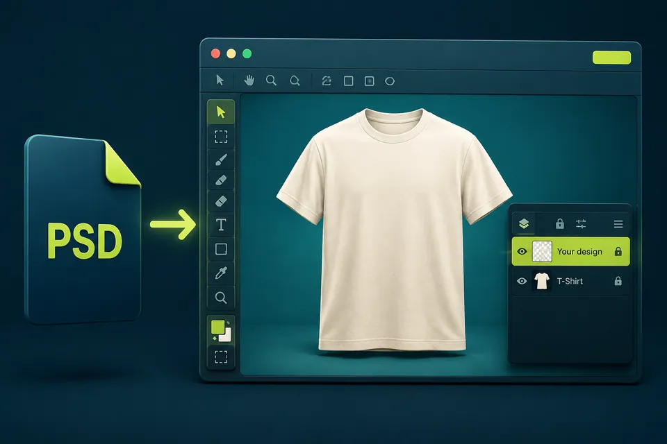 Illustration: open a PSD mockup with a blank t-shirt and locate the Your design layer